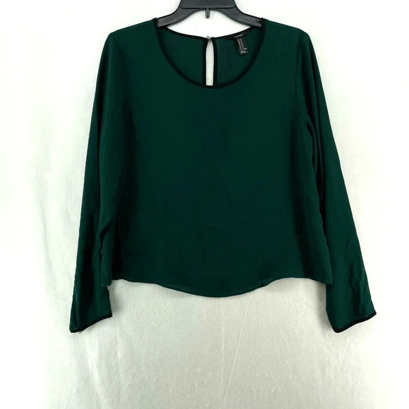Forever 21 Tops Womens M Emerald Green Round Neck Keyhole Black Trim Long Sleeve - Picture 1 of 11